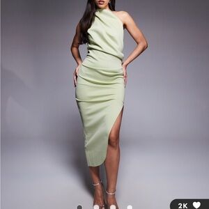 Asymmetric Halter Midi Dress in Light Green